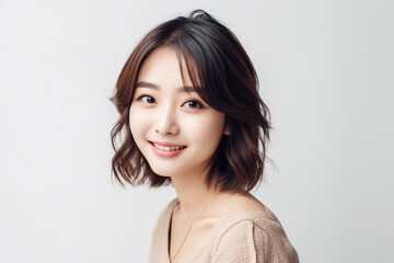 Naklejka premium 笑顔の女性のポートレート カメラ目線 白背景 AI生成画像 ジェネレーティブ AI