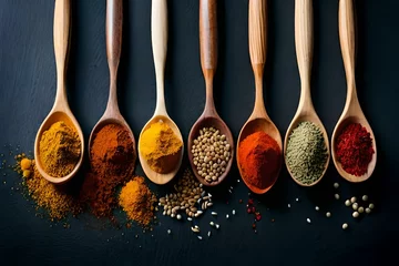 Foto auf Glas Create an image of a vibrant street scene with a gleaming wooden spoon delicately holding a colorful assortment of aromatic spices, evoking a deep sense of culinary love. © sdk