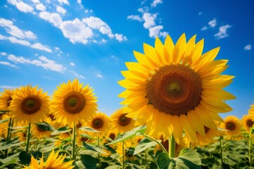 A bright yellow sunflower field under a sunny blue sky. Generative AI