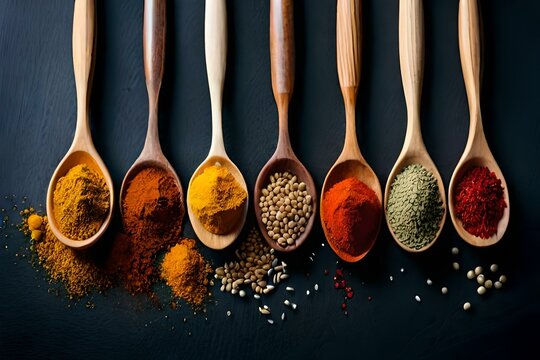 Create an image of a vibrant street scene with a gleaming wooden spoon delicately holding a colorful assortment of aromatic spices, evoking a deep sense of culinary love.