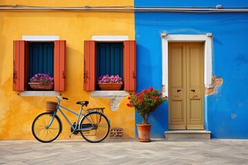 Fototapeta na wymiar Colorful house on the island of Burano with a bike near the entrance Generative AI