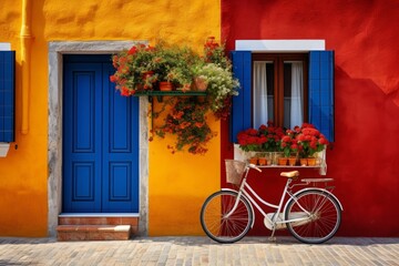 Fototapeta na wymiar Colorful house on the island of Burano with a bike near the entrance Generative AI