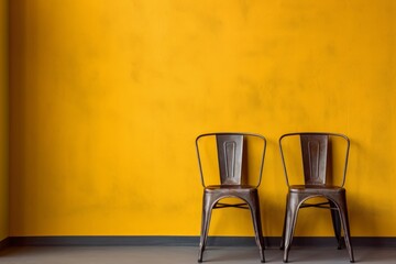 Decorative close up metal hunger style in the room with frame chair and wooden table style, brown and yellow wall. Generative AI