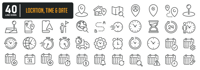 Fototapeta na wymiar Location, time and date simple minimal thin line icons. Related location, GPS, time, stopwatch, calendar. Editable stroke. Vector illustration. 