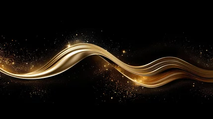 Fotobehang Golden flowing wave with sequins glitter dust isolated on black background © twilight mist