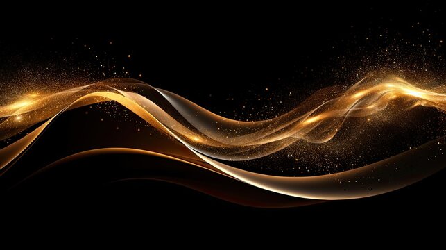 Golden Flowing Wave With Sequins Glitter Dust Isolated On Black Background