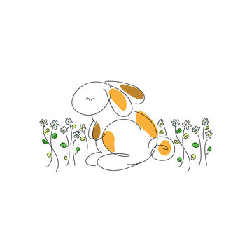 Rabbit with flower illustration in minimal line art style,hand drawn art