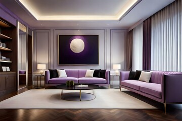 Luxury modern interior with big sofa on lilac color. Side view