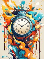 A colourful abstract illustration of a melting clock.