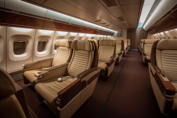 Fototapeta premium Airline cabin with spacious seats, entertainment options, and safety features for a pleasant flight Generative AI
