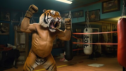 A ferocious tiger training in a ring, showcasing its "powerful" strength and agility. Generative AI