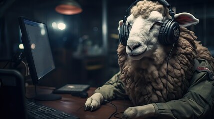 Fototapeta premium An efficient sheep working at a call center, providing 