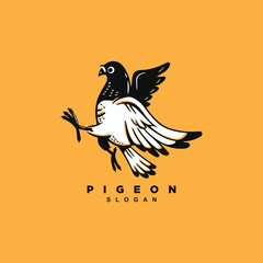 Vintage hand drawn pigeon bird logo design isolated on yellow background