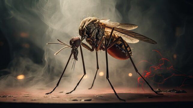 A highly detailed close-up image of a mosquito, showcasing intricate "biological" features. Generative AI