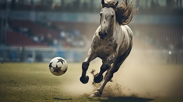 An energetic horse playing soccer, displaying unusual "sportsmanship". Generative AI