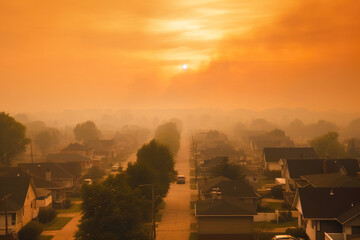 Suburban neighborhood covered in an orange haze of smoke from forest fires, Generative AI