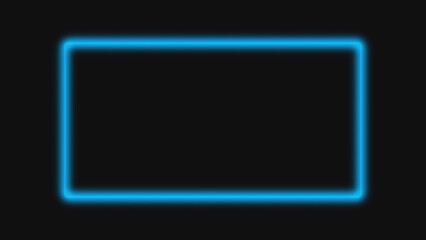 Defocused glowing frame. Neon light background. Blue color fluorescent LED illumination rectangle on dark black abstract geometric advertising empty space.