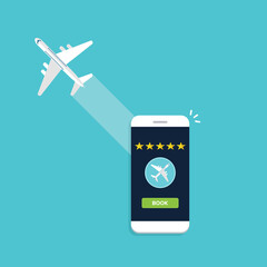 Book airplane travel flight button on mobile phone, review rate stars of airline smartphone app, best trip rating. Vector illustration
