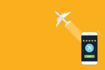 Book airplane travel flight button on mobile phone, review rate stars of airline smartphone app, best trip rating. Vector illustration