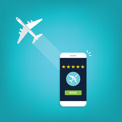 Book airplane travel flight button on mobile phone, review rate stars of airline smartphone app, best trip rating. Vector illustration