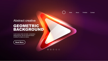 Abstract background landing page, glass geometric shapes with glowing neon light reflections, energy effect concept on glossy forms