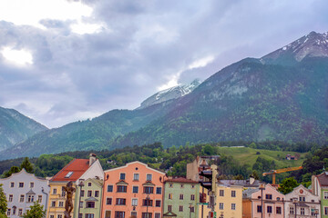 Fototapeta na wymiar Innsbruck cityscape and Karwendel mountains, Tyrol, AustriaThe colorful facades