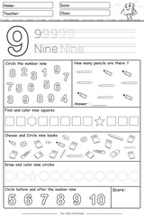 Fun learning number 9 black white