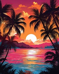 A sunset painting featuring palm trees, ocean, sun, pink sky. (Generative AI)
