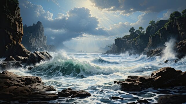 The ocean waves crash over rocky surroundings under cloudy skies. (Generative AI)