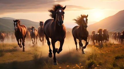 illustration of horses running across the field under the light of the setting sun. Created with Generative AI	