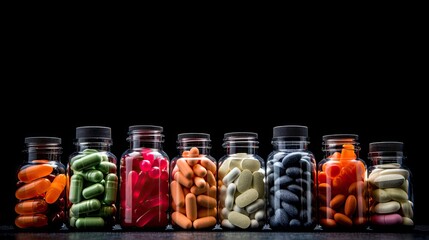 Fototapeta na wymiar Supplements, tablets, pills, capsules, isolated on black background