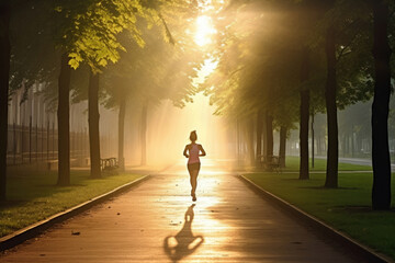 young woman jogging in city park at early morning