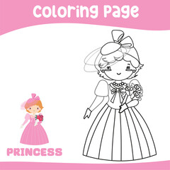 Coloring page a fairy tale Medieval Kingdom black and white the cute princess in pink dress holding a bouquet of flower. Vector outline fantasy monarch kingdom a princess. Medieval fairytale princess 
