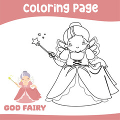Coloring page a fairy tale Medieval Kingdom black and white the fairy godmother. Vector outline fantasy monarch kingdom. Medieval fairytale a fairy godmother cartoon character. 