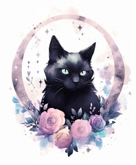 celestial floral black cat in moon aurora mystical