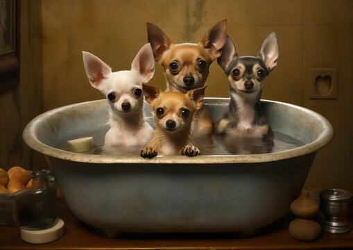 chihuahuas bathing in a sink