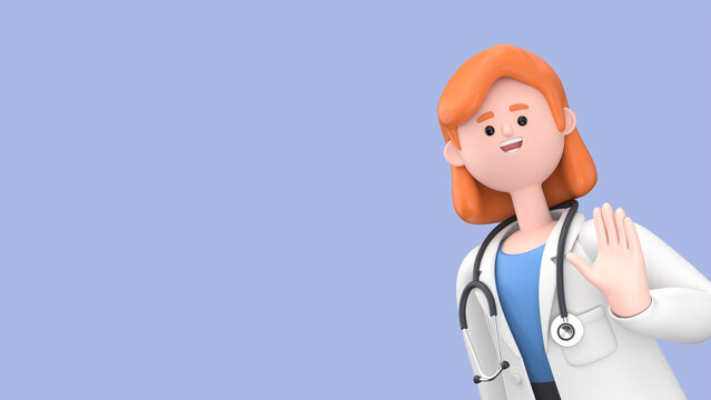 3D illustration of Female Doctor Nova saying hello.Medical presentation clip art isolated on blue background
