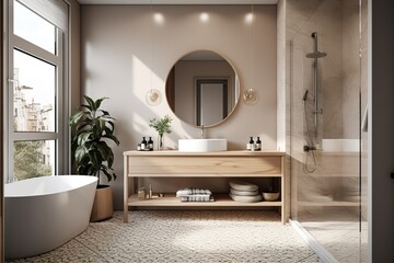 Spacious bathroom in gray tones with heated floors .Generative AI - obrazy, fototapety, plakaty