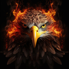 Image of angry an eagle face and flames on dark background. Wildlife Animals. Illustration, Generative AI. - obrazy, fototapety, plakaty