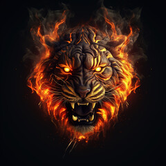 Image of an angry tiger head with a burning fire on black background. Wildlife Animals. Illustration, Generative AI.