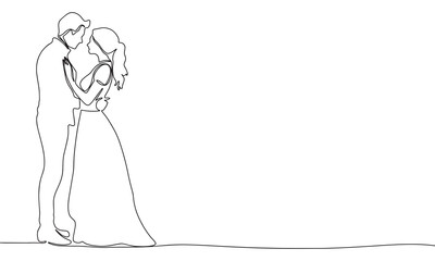 Couple with love. One line continuous wedding banner concept. Line art, outline, minimal vector illustration.
