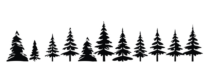 Vector spruce tree, ink plant sketch, hand drawing, black silhouette. Pine tree silhouette vector illustration hand drawn. Vintage trees and forest silhouettes set in monochrome style