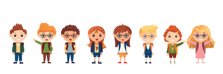 Smiling school children boys and girls with backpacks set isolated vector illustration. Group of school children. Happy kids. Cute vector illustration in flat style 