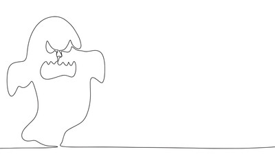 Scary ghost silhouette. One line continuous Halloween banner concept. Line art, outline, minimal vector illustration.