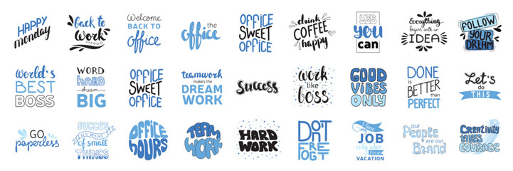 Large collection of quotes and phrase about office work, job. Office hours, do not forget, happy Monday, yes you can. Vector illustration.  - obrazy, fototapety, plakaty