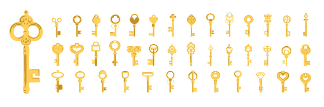 Large collection of golden vintage keys. Keys icons set, isolated. Gold keys signs and symbols collection. Icon, pictogram, vector illustration.