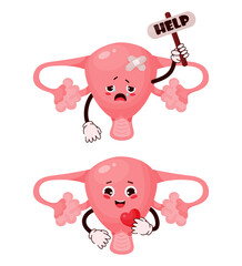 Cute female cartoon uterus. Human reproductive organ character with different emotions. Happy and sad uterus cries and asks for help. Vector illustration. Concept health and disease attack, pain - obrazy, fototapety, plakaty