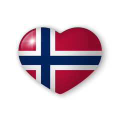 3d heart with flag of Norway. Glossy realistic vector element on white background with shadow underneath. Best for mobile apps, UI and web design.