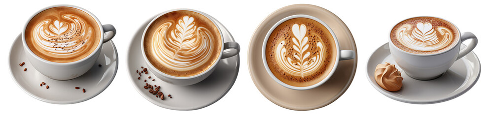 cups of coffee or cappuccino with a figure in milk foam or latte art, on a transparent background, Generative AI