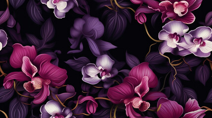 A luxurious pattern orchids in shades of purple and pink dark background